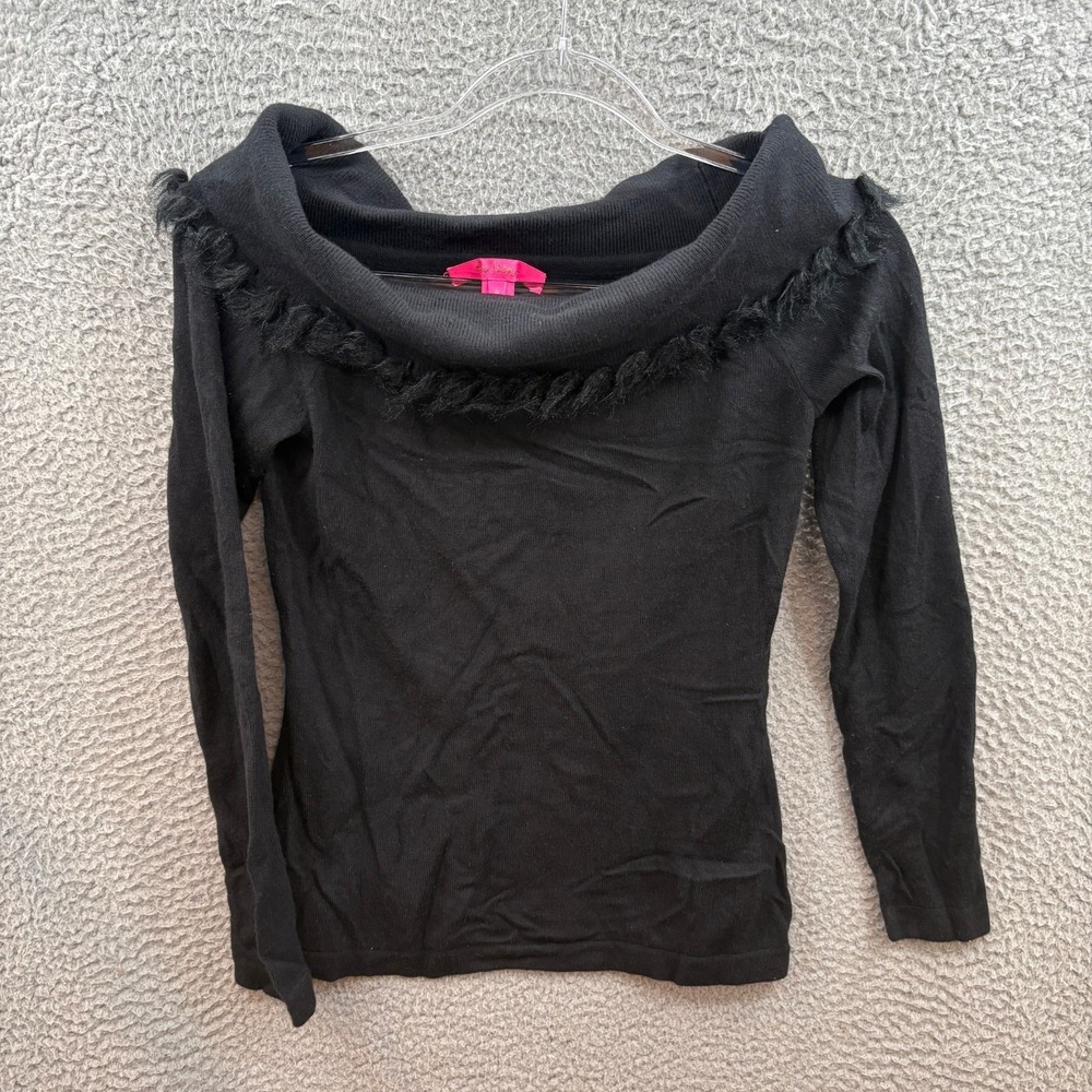 Lilly Pulitzer Sweater Womens Small Black Alira‎ Off Shoulder Pullover Fringe